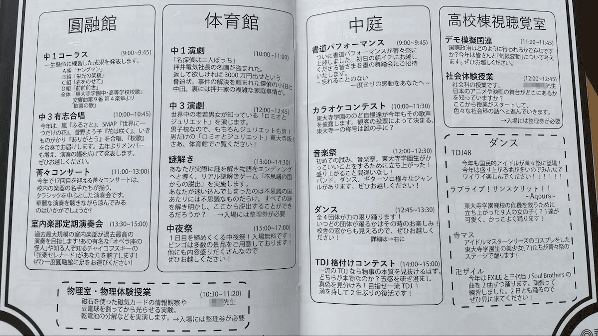 当時のパンフレットのイベント一覧。どれもなかなかおもしろそうですよね。